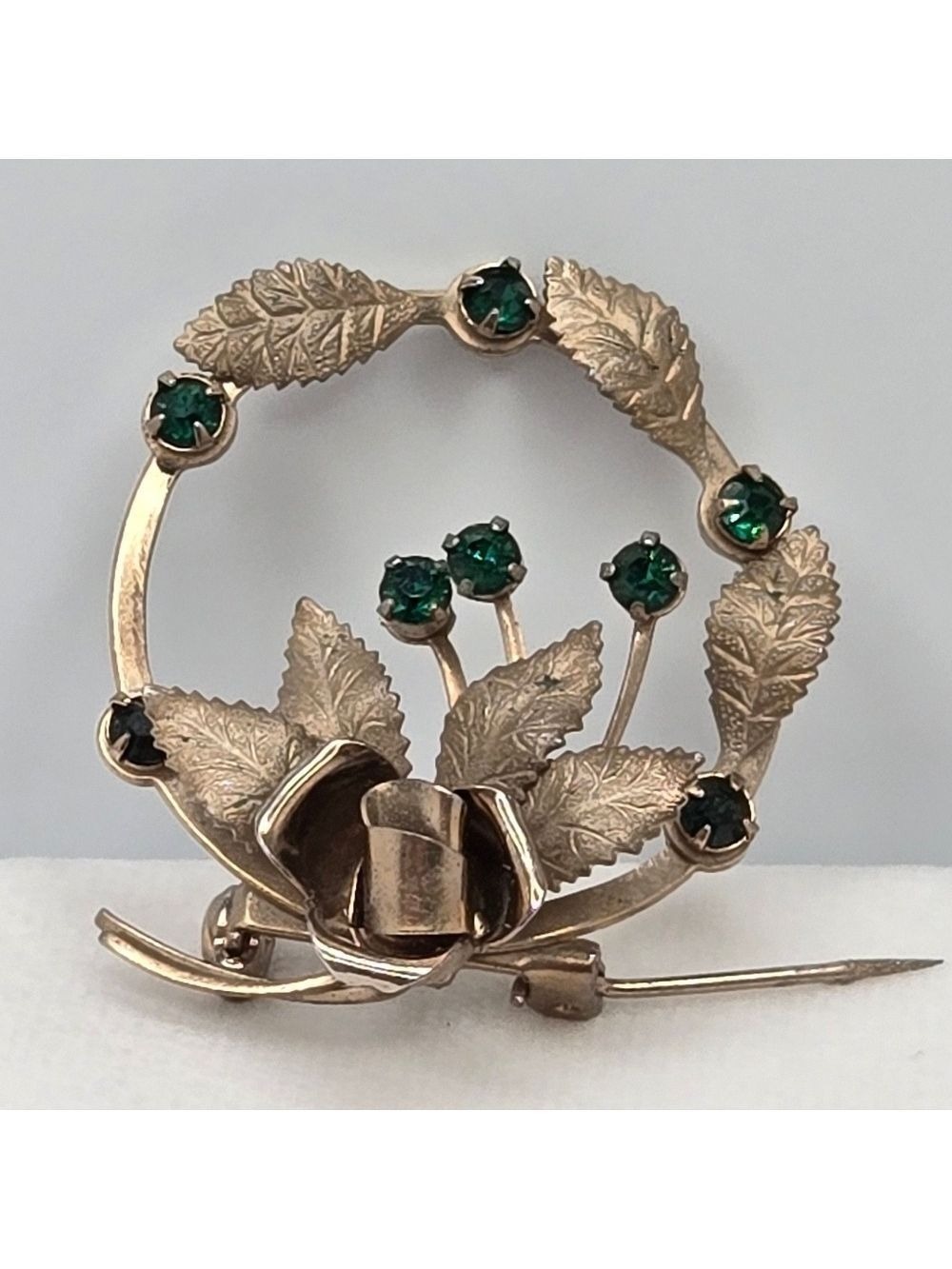 Vintage Gold and Green Rhinestones Leaf Wreath Cabbage Rose Brooch